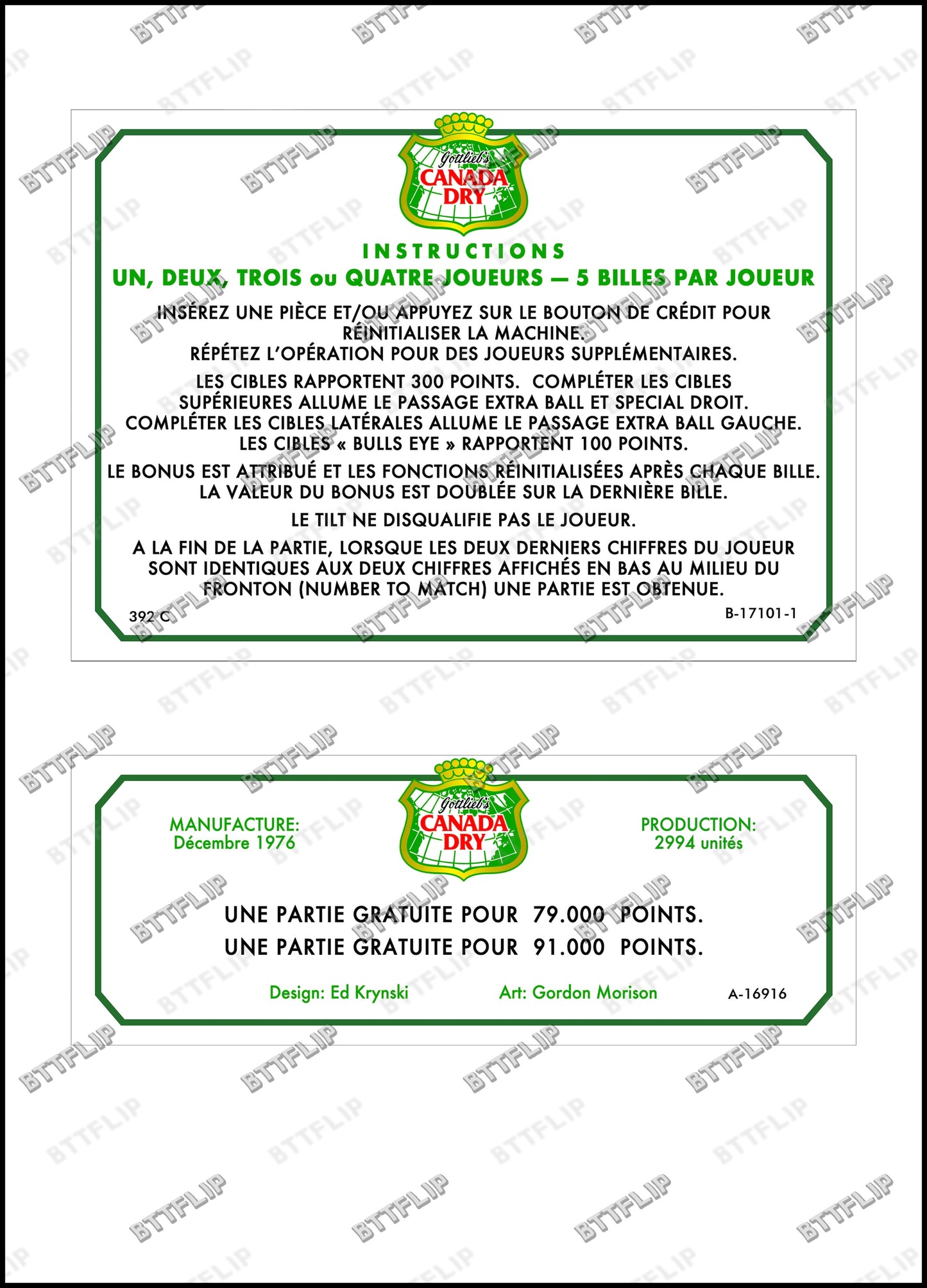 Gottlieb Canada Dry 1976 Game Cards Rules Instructions Pinball Custom Apron V1