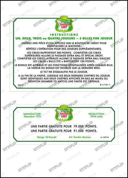 Gottlieb Canada Dry 1976 Game Cards Rules Instructions Pinball Custom Apron V1