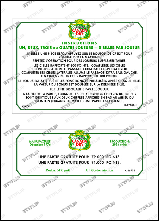 Gottlieb Canada Dry 1976 Jeu Cartes règles Instructions Flipper Custom Apron V1