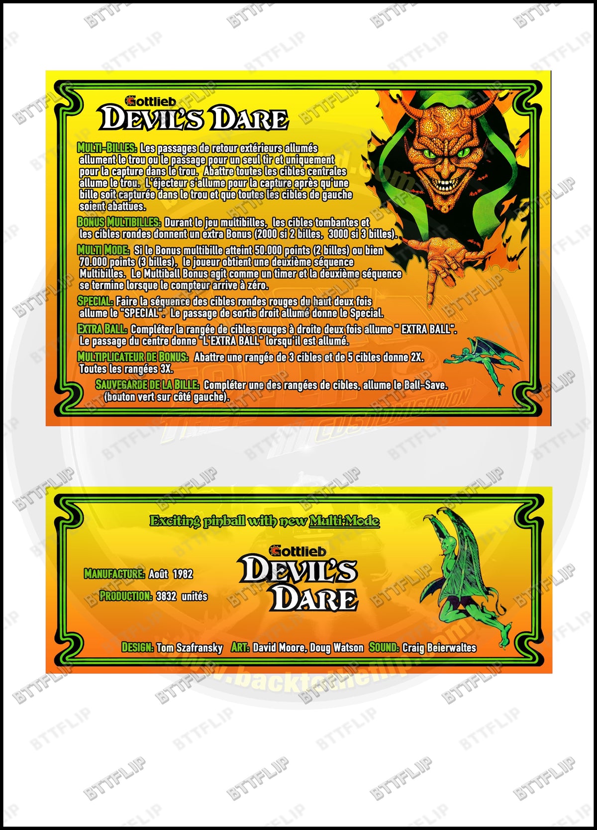 Cartes d'instructions custom apron flipper Gottlieb Devil's Dare 1982 V1 (set de 2)