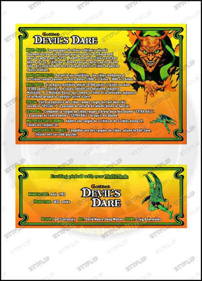 Cartes d'instructions custom apron flipper Gottlieb Devil's Dare 1982 V1 (set de 2)