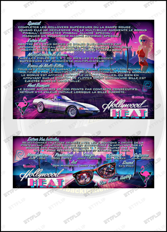 Cartes d'instructions custom apron flipper Gottlieb Hollywood Heat 1986 V1 (set de 2)