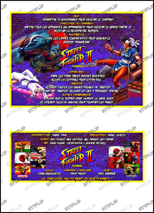 Gottlieb Street Fighter 1993 Jeu Cartes règles Instructions Flipper Custom Apron V1