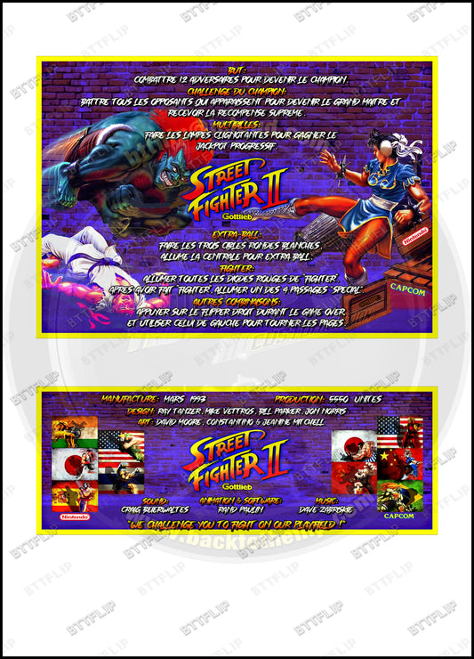 Gottlieb Street Fighter 1993 Juego Cartas Reglas Instrucciones Pinball Custom Apron V1