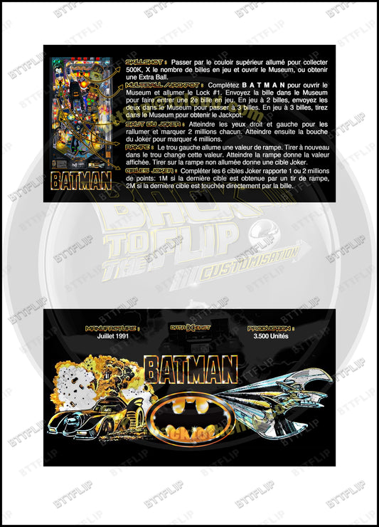 Instrucciones de las tarjetas del juego Batman 1991 de Data East, delantal personalizado de pinball, reglas impresas V1