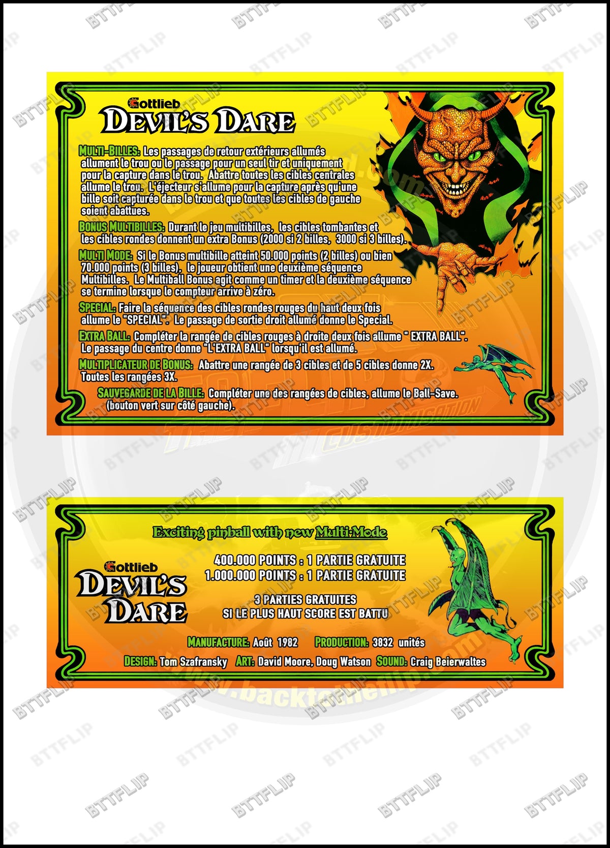 Cartes d'instructions custom apron flipper Gottlieb Devil's Dare 1982 V1 (set de 2)