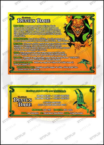 Cartes d'instructions custom apron flipper Gottlieb Devil's Dare 1982 V1 (set de 2)