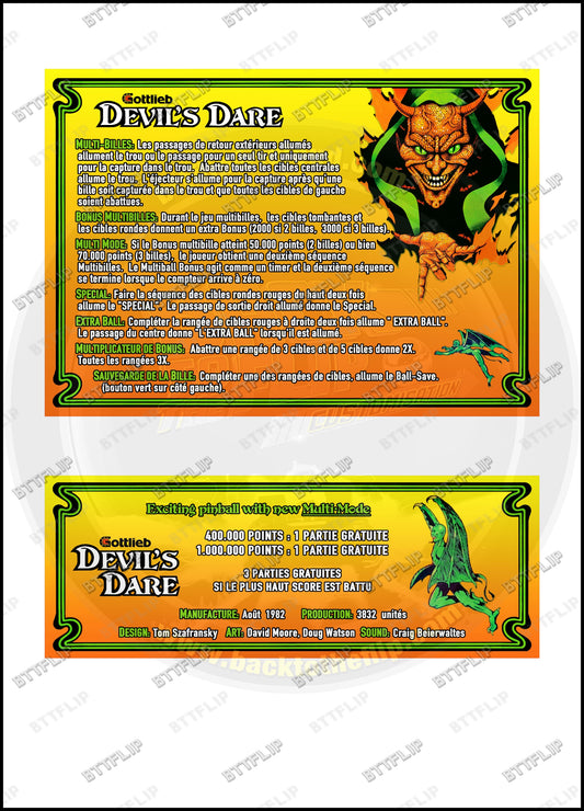 Gottlieb Devil's Dare 1982 Game Cards Instructions Pinball Custom Apron Printed Rules V1