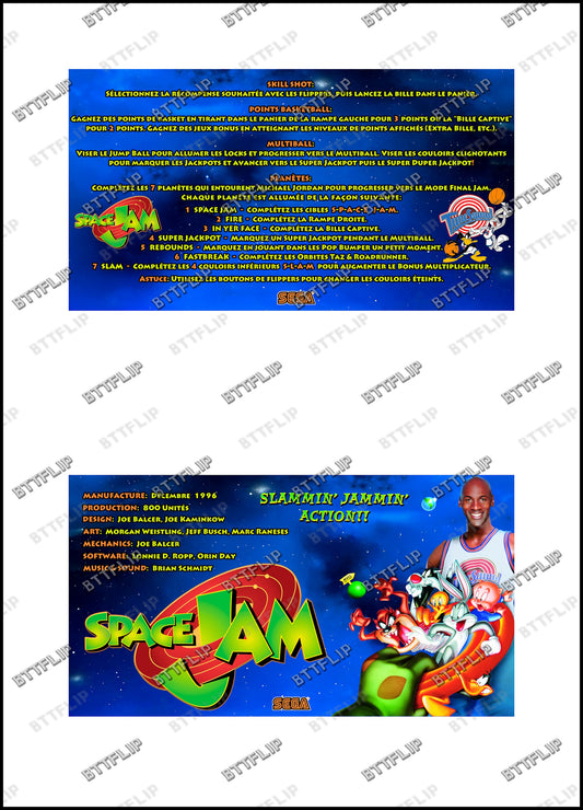 Reglas e instrucciones de las tarjetas de juego SEGA Space Jam 1996 Delantal personalizado de pinball V1
