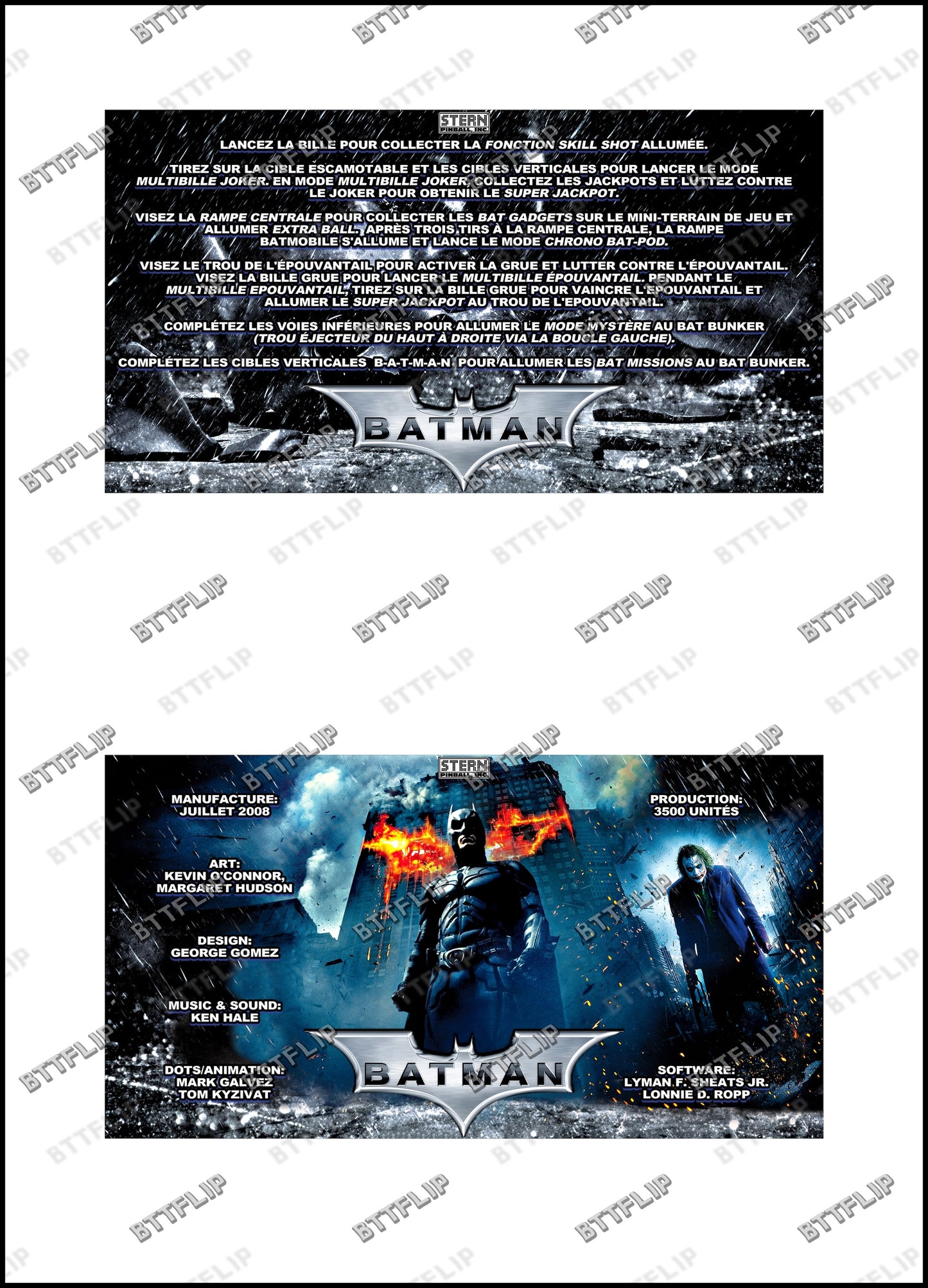 Stern Batman The Dark Knight 2008 Juego Cartas reglas Instrucciones Pinball Custom Delantal V1