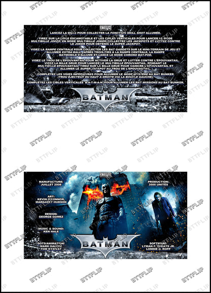 Stern Batman The Dark Knight 2008 Juego Cartas reglas Instrucciones Pinball Custom Delantal V1