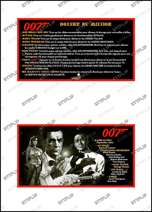 Stern 007 James Bond Dr No 2022 Jeu Cartes règles Instructions Flipper Custom Apron V1