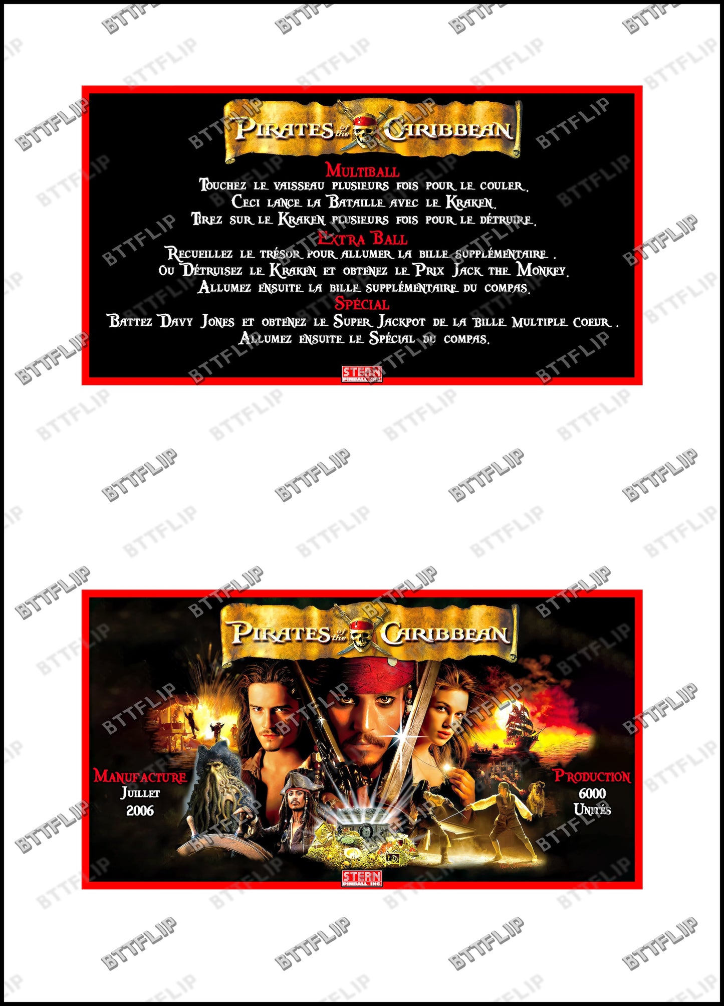 Stern Pirates Of The Caribbean 2006 Juego Tarjetas reglas Instrucciones Flipper Custom Apron V1