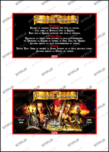 Stern Pirates Of The Caribbean 2006 Juego Tarjetas reglas Instrucciones Flipper Custom Apron V1