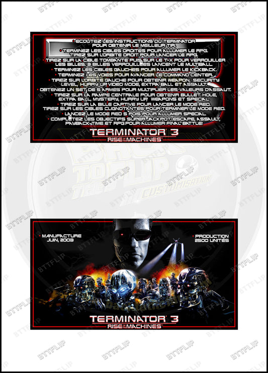 Cartes d'instructions custom apron flipper Stern Terminator 3 Rise of the Machines 2003 V1 (set de 2)