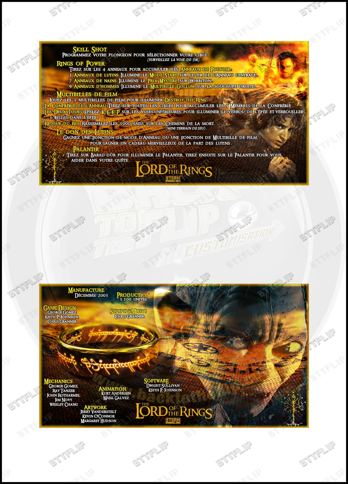 Stern The Lord Of The Rings 2003 Jeu Cartes règles Instructions Flipper Custom Apron V1
