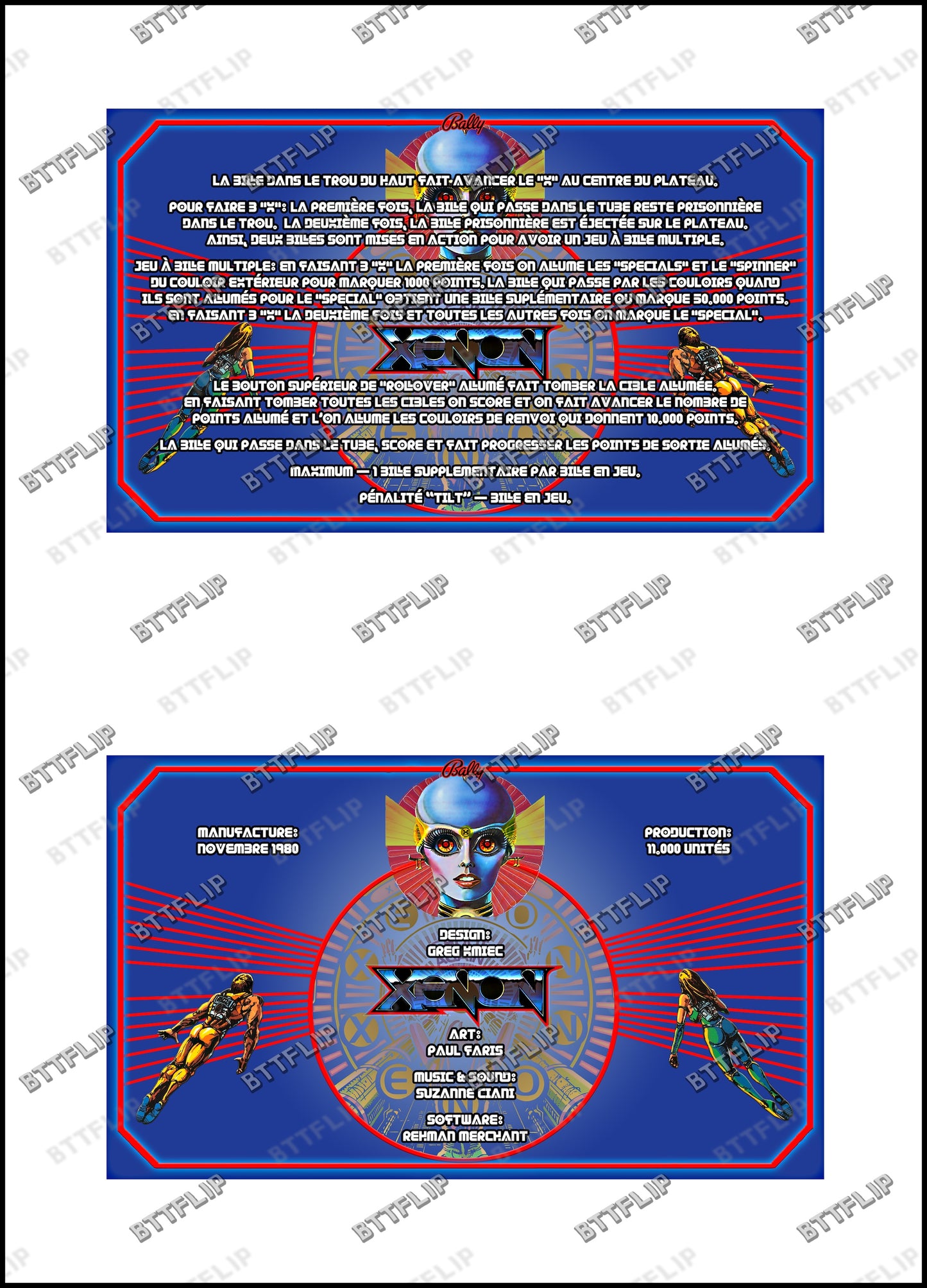 Bally XENON 1980 Juego Cartas reglas Instrucciones Pinball Delantal Personalizado V1