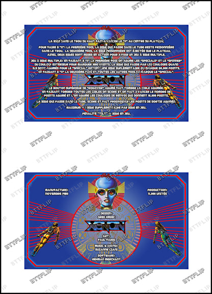 Bally XENON 1980 Juego Cartas reglas Instrucciones Pinball Delantal Personalizado V1