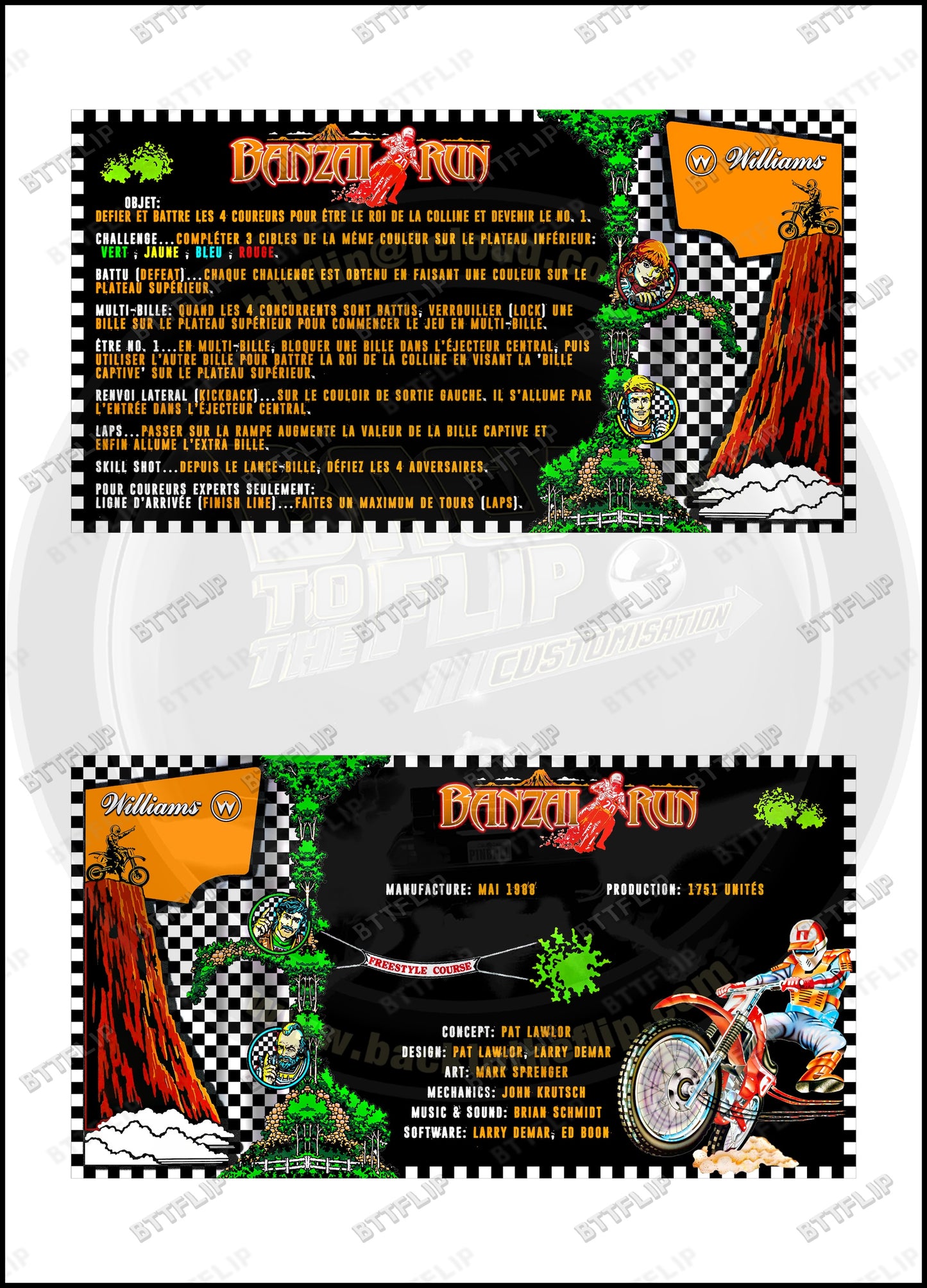 Williams Banzai Run 1988 Game Cards Rules Instructions Pinball Custom Apron