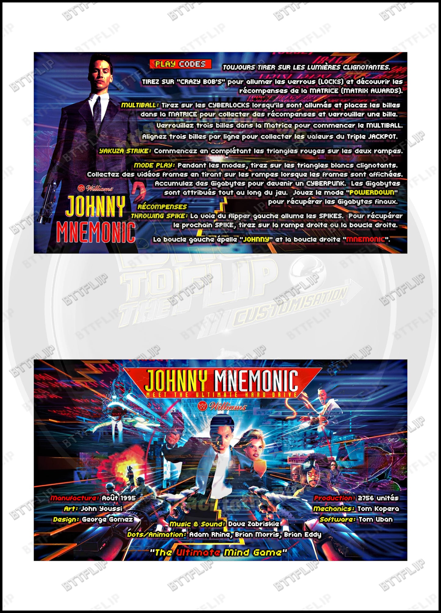 Cartes d'instructions custom apron flipper Williams Johnny Mnemonic 1995 V1