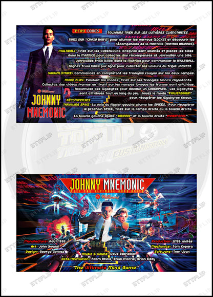 Cartes d'instructions custom apron flipper Williams Johnny Mnemonic 1995 V1