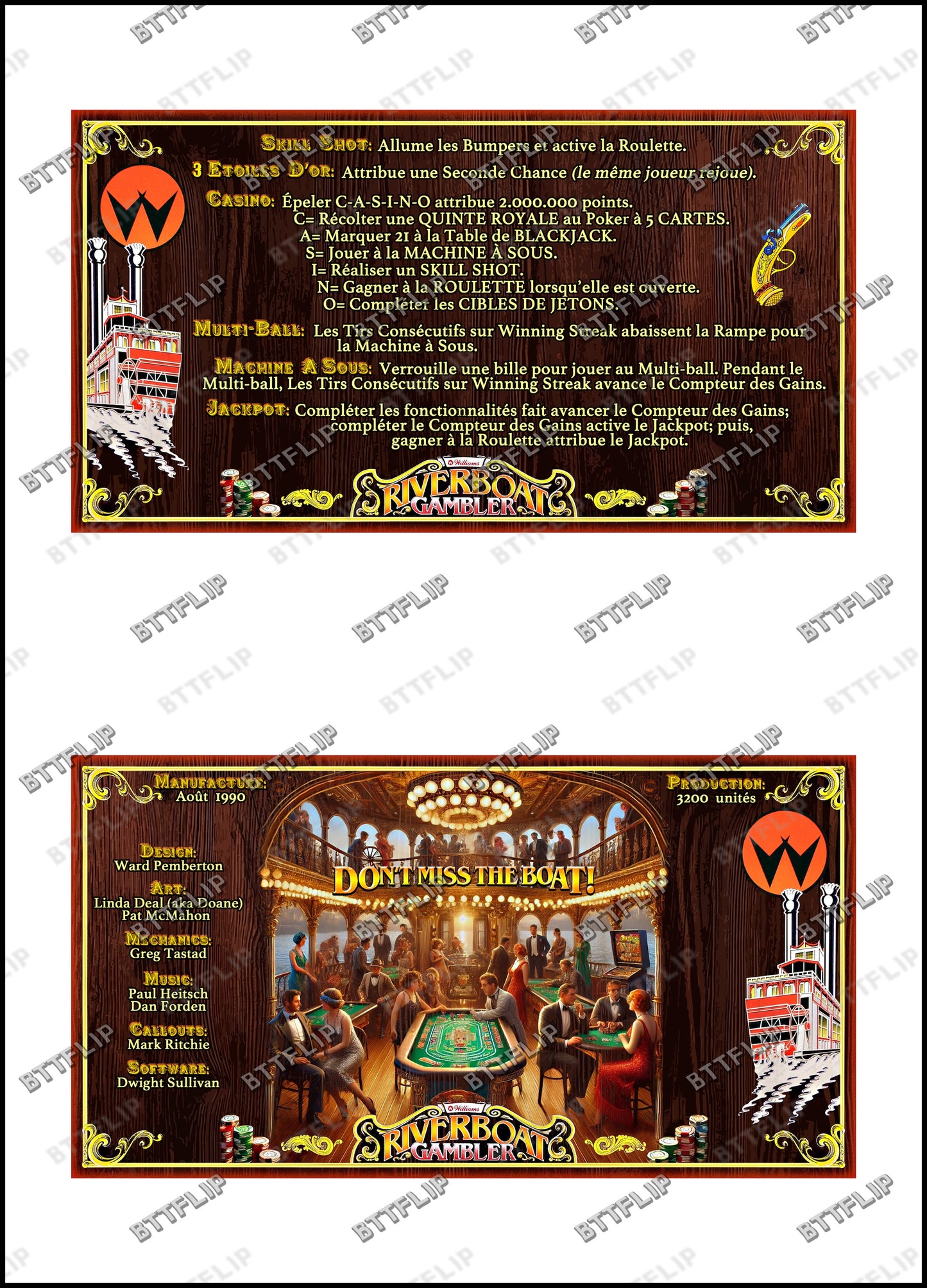 Williams Riverboat Gambler 1990 Card Game Rules Instructions Pinball Custom Apron V1