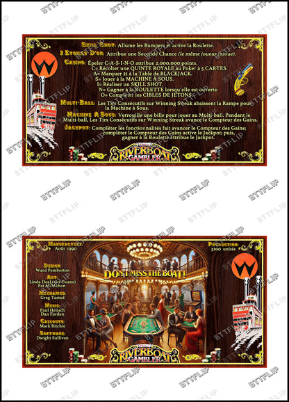 Williams Riverboat Gambler 1990 Card Game Rules Instructions Pinball Custom Apron V1