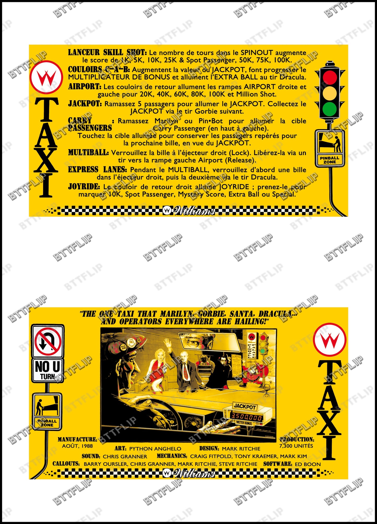 Instrucciones de las tarjetas del juego Williams Taxi 1988, delantal personalizado de pinball, reglas impresas