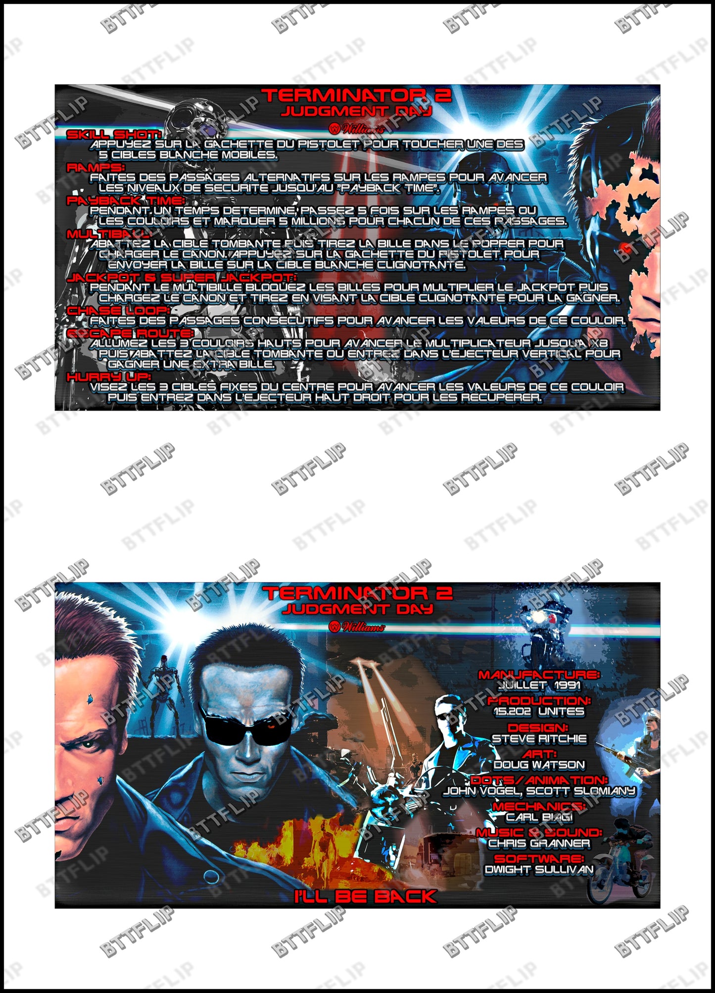 Williams T2 Terminator 2 1991 Juego Cartas Reglas Instrucciones Pinball Custom Apron V1