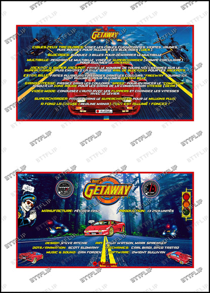 Instrucciones de las tarjetas del juego Williams The Getaway 1992, delantal personalizado de pinball, reglas impresas V1