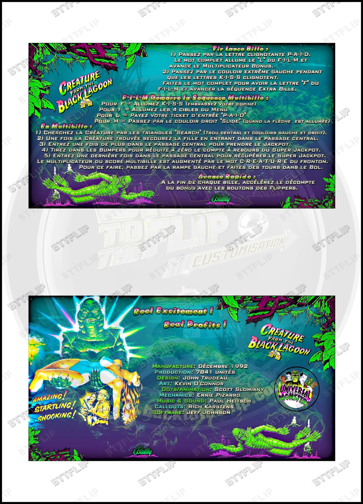 Tarjetas de instrucciones custom del delantal de la máquina de pinball Bally Creature From The Black Lagoon 1992 V2 (set de 2)