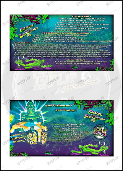 Tarjetas de instrucciones custom del delantal de la máquina de pinball Bally Creature From The Black Lagoon 1992 V2 (set de 2)