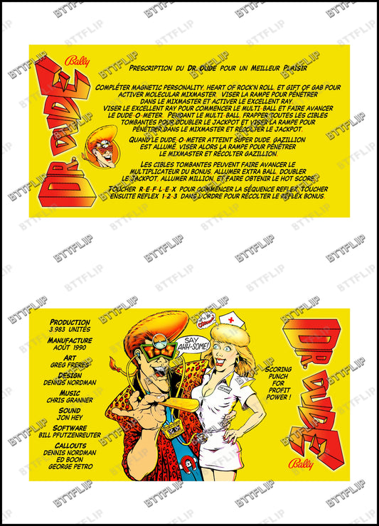 Bally Dr Dude 1990 Game Cards Rules Instructions Pinball Custom Apron V2