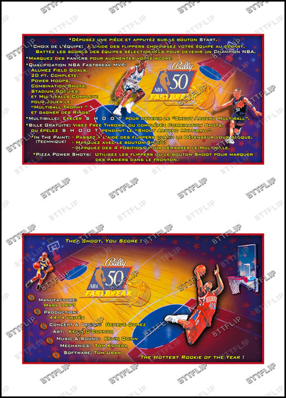 Bally NBA FASTBREAK 1997 Juego Tarjetas reglas Instrucciones Pinball Custom Delantal V2