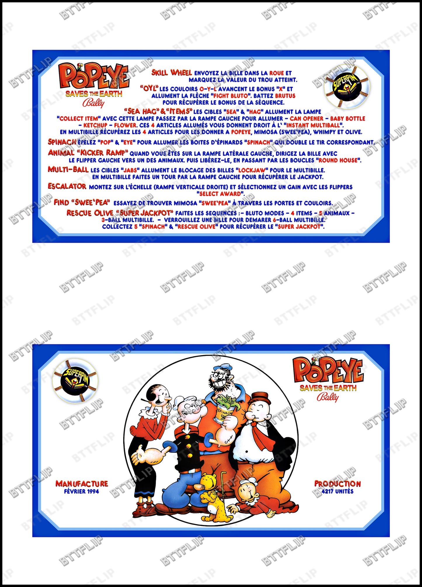Bally Popeye 1994 Juego Cartas Reglas Instrucciones Pinball Delantal Personalizado V2