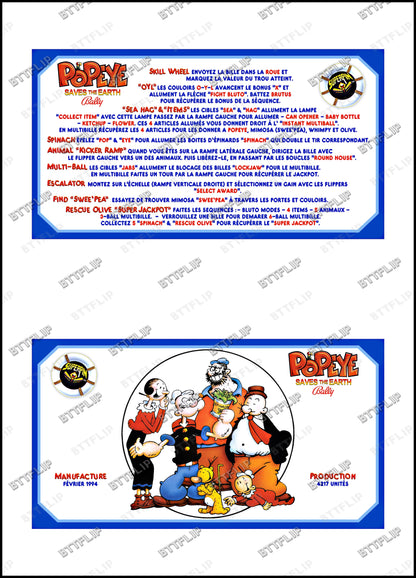Bally Popeye 1994 Juego Cartas Reglas Instrucciones Pinball Delantal Personalizado V2