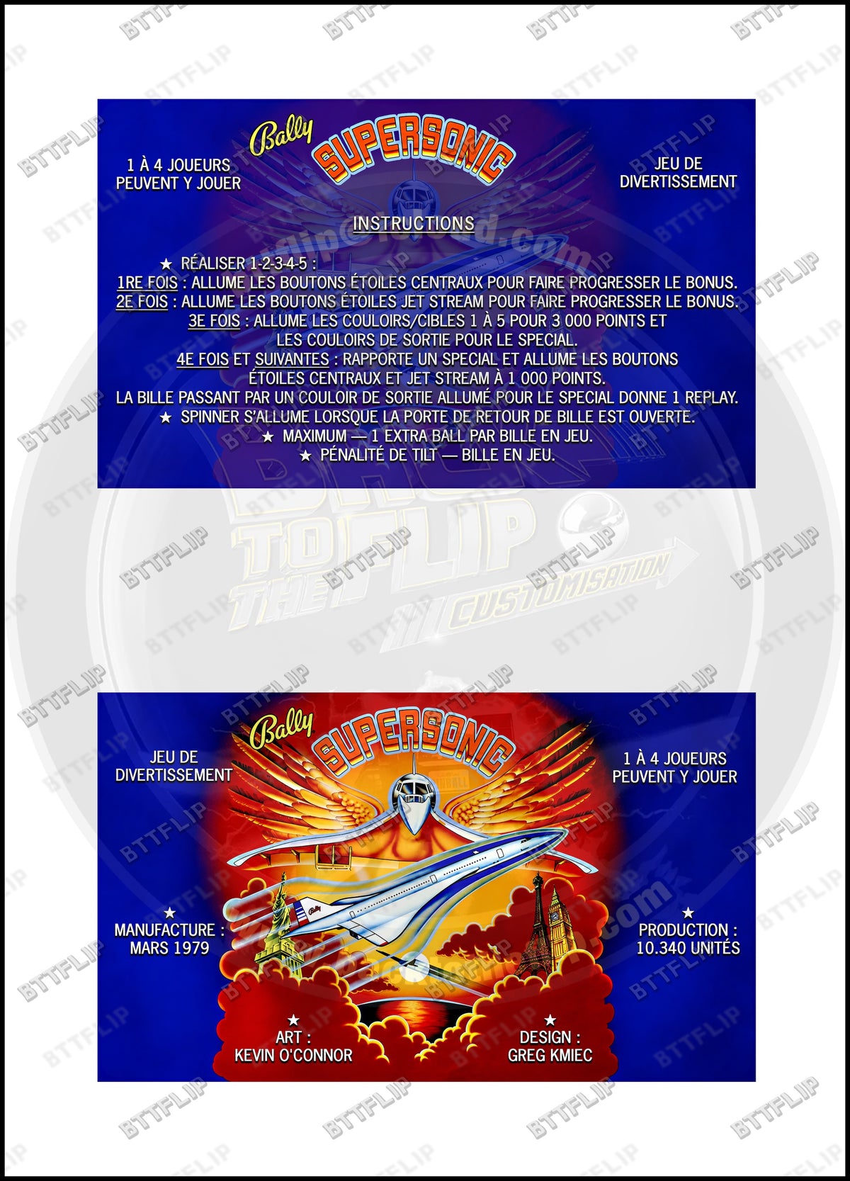 Cartes d'instructions custom apron flipper Bally Supersonic 1979 V2 (set de 2)