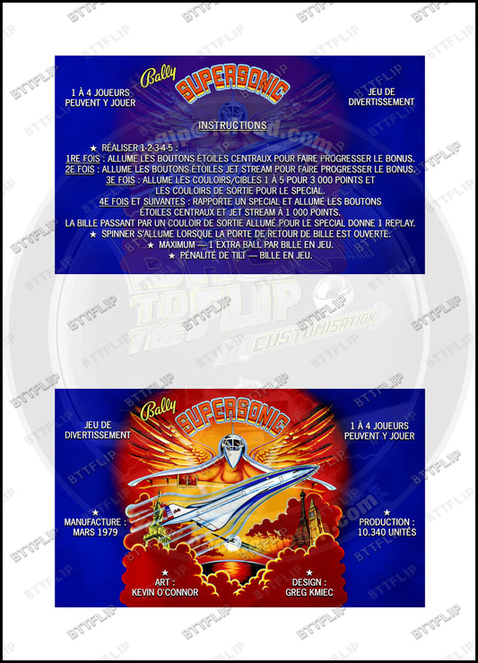 Tarjetas de instrucciones para "apron flipper" personalizadas Bally Supersonic 1979 V2 (juego de 2)