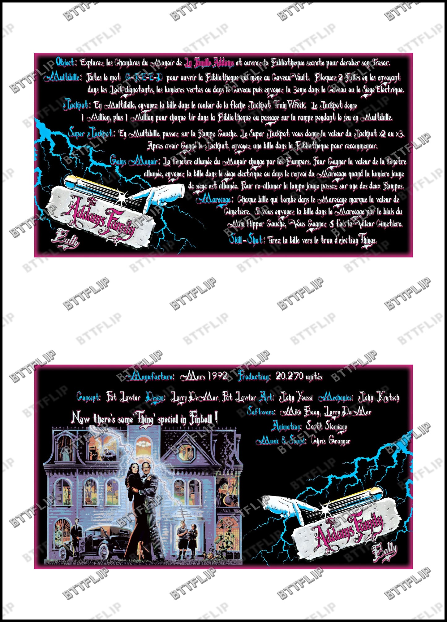 Instrucciones de las tarjetas del juego Bally The Addams Family 1992, máquina de pinball, delantal personalizado, reglas impresas V2