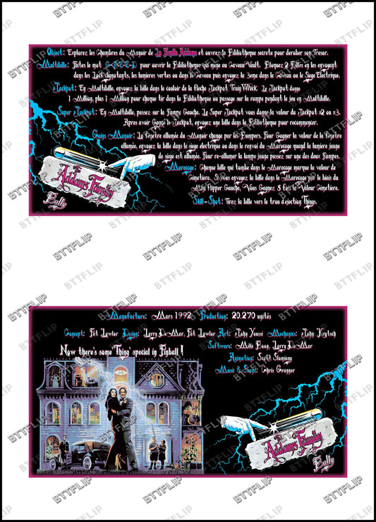 Bally The Addams Family 1992 Jeu Cartes Instructions Flipper Custom Apron règles imprimées V2