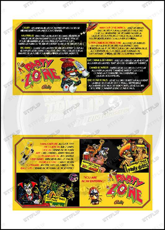 Cartes d'instructions custom apron flipper Bally Party Zone 1991 V2