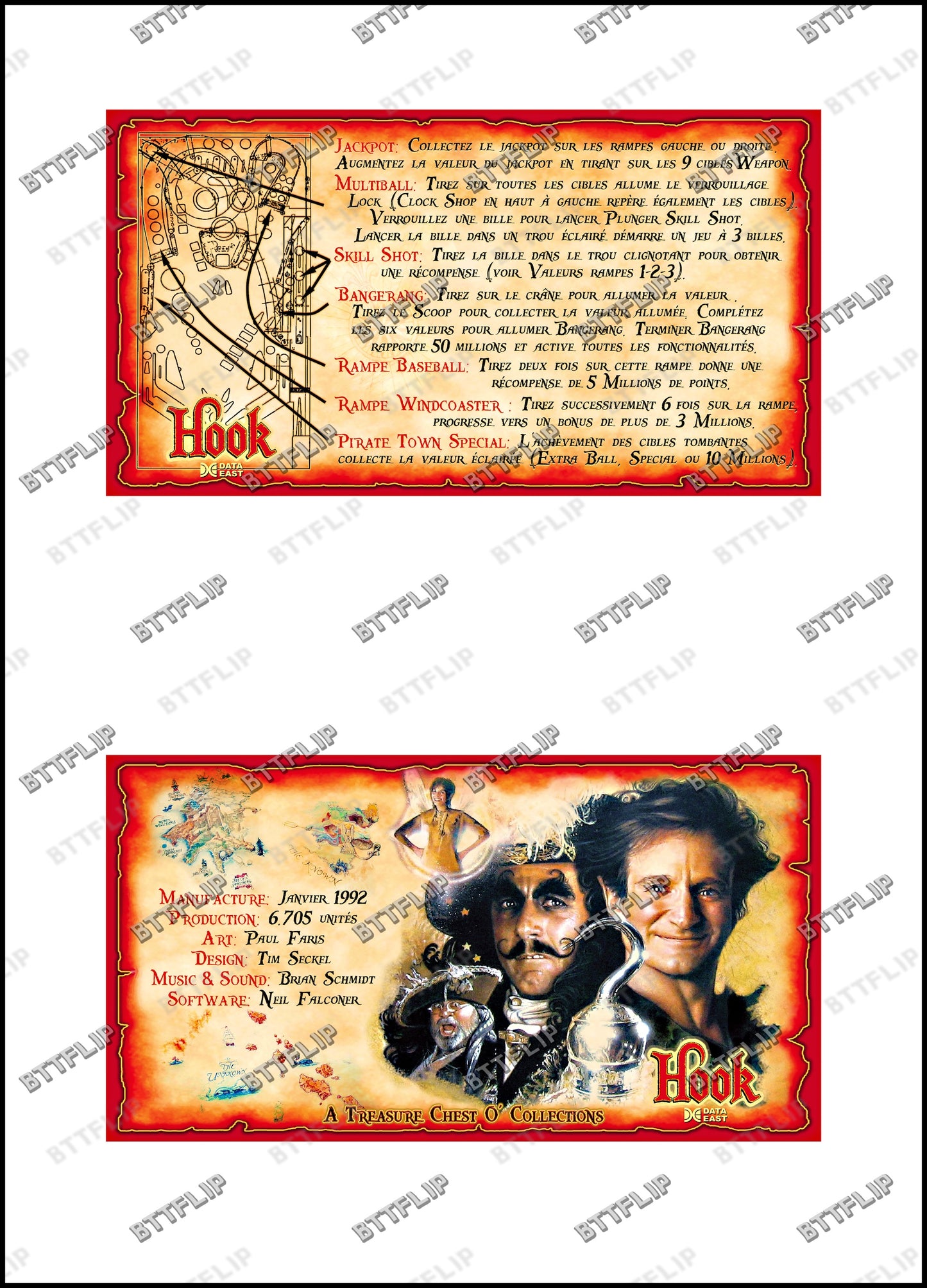 Data East Hook 1992 Game Cards Rules Instructions Pinball Custom Apron V2