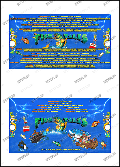 Instrucciones de las tarjetas del juego Williams Fish Tales 1992, delantal personalizado de pinball, reglas impresas V2