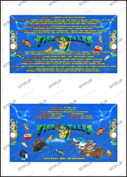 Instrucciones de las tarjetas del juego Williams Fish Tales 1992, delantal personalizado de pinball, reglas impresas V2