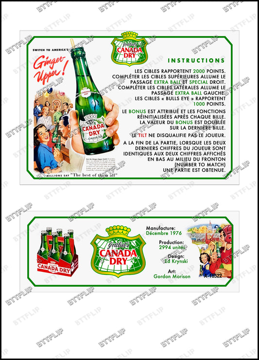 Gottlieb Canada Dry 1976 Game Cards Rules Instructions Pinball Custom Apron V2