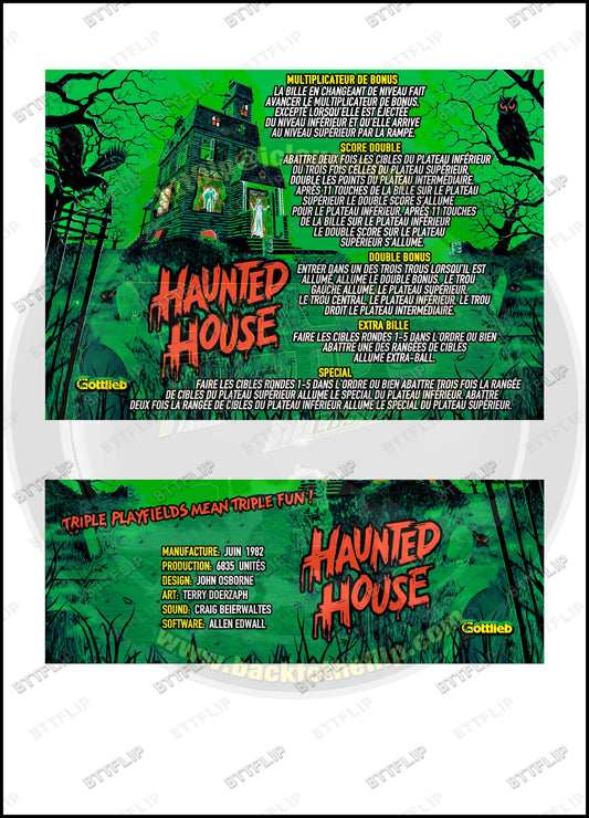 Cartes d'instructions custom apron flipper Gottlieb Haunted House 1982 V2