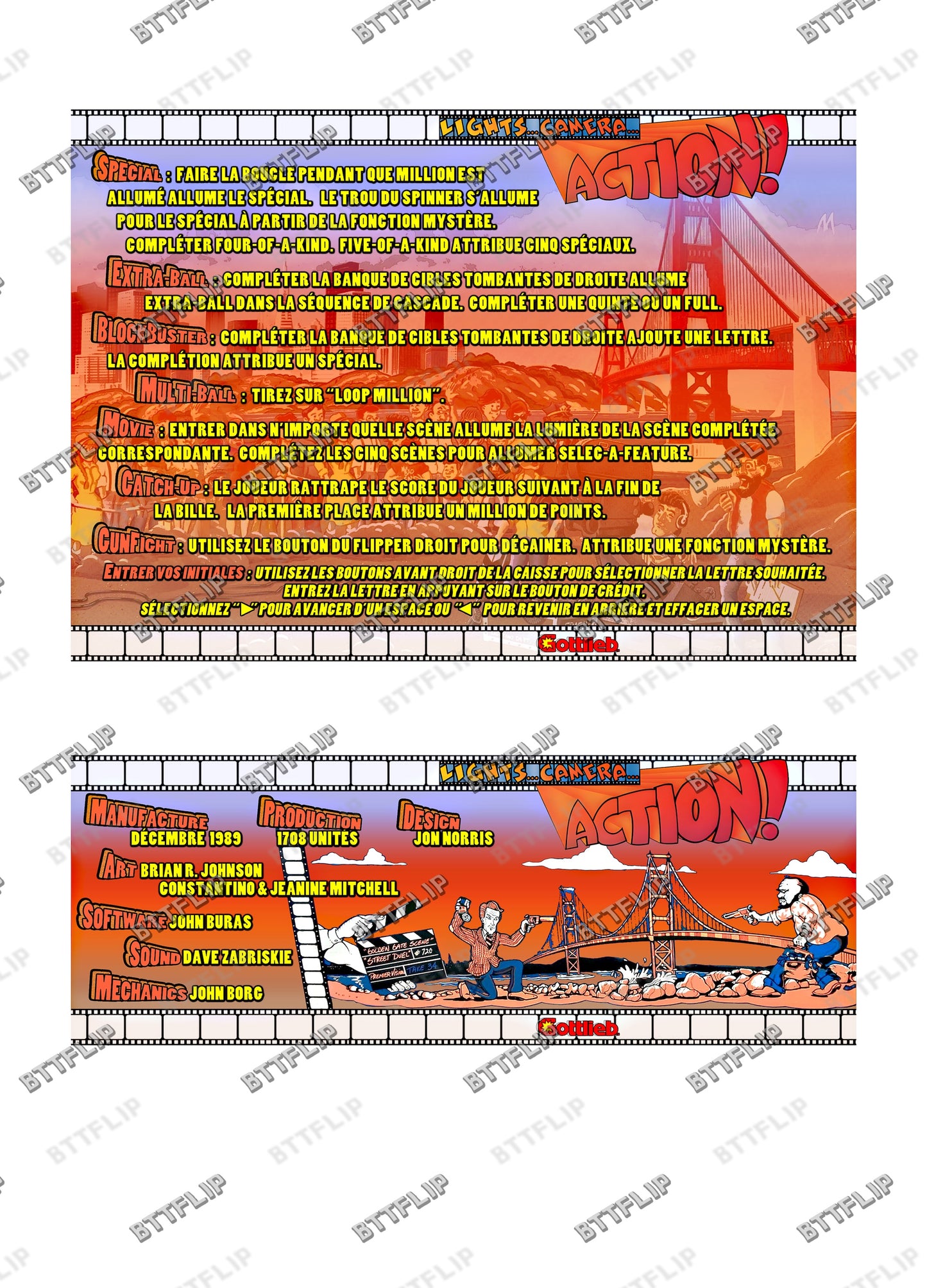 Gottlieb Light Camera Action 1989 Juego Cartas Reglas Instrucciones Pinball Custom Delantal V2
