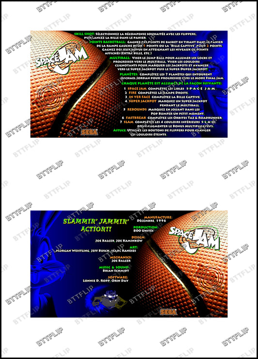 Reglas e instrucciones de las tarjetas de juego SEGA Space Jam 1996 Delantal personalizado de pinball V2