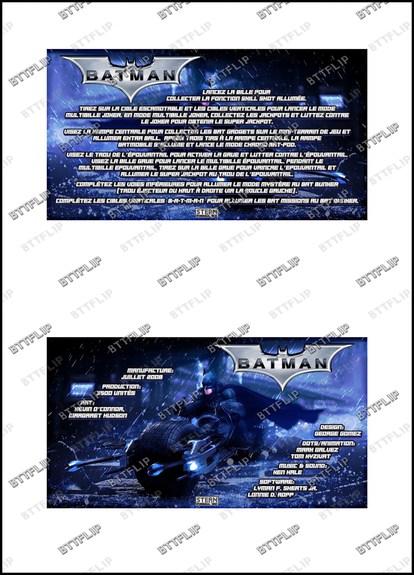 Stern Batman El Caballero Oscuro 2008 Juego de cartas reglas Instrucciones Pinball Delantal personalizado V2