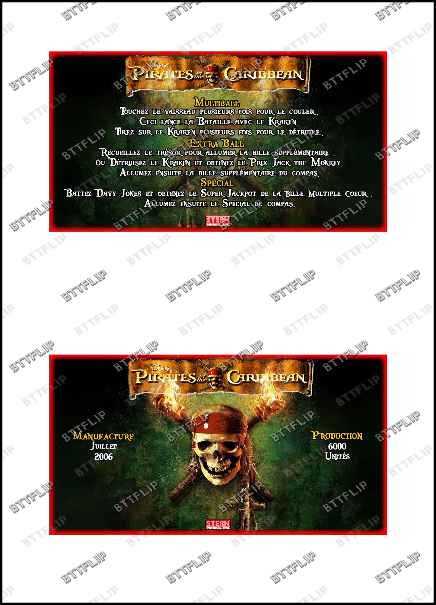 Stern Piratas del Caribe 2006 Juego de Cartas Reglas Instrucciones Pinball Custom Apron V2